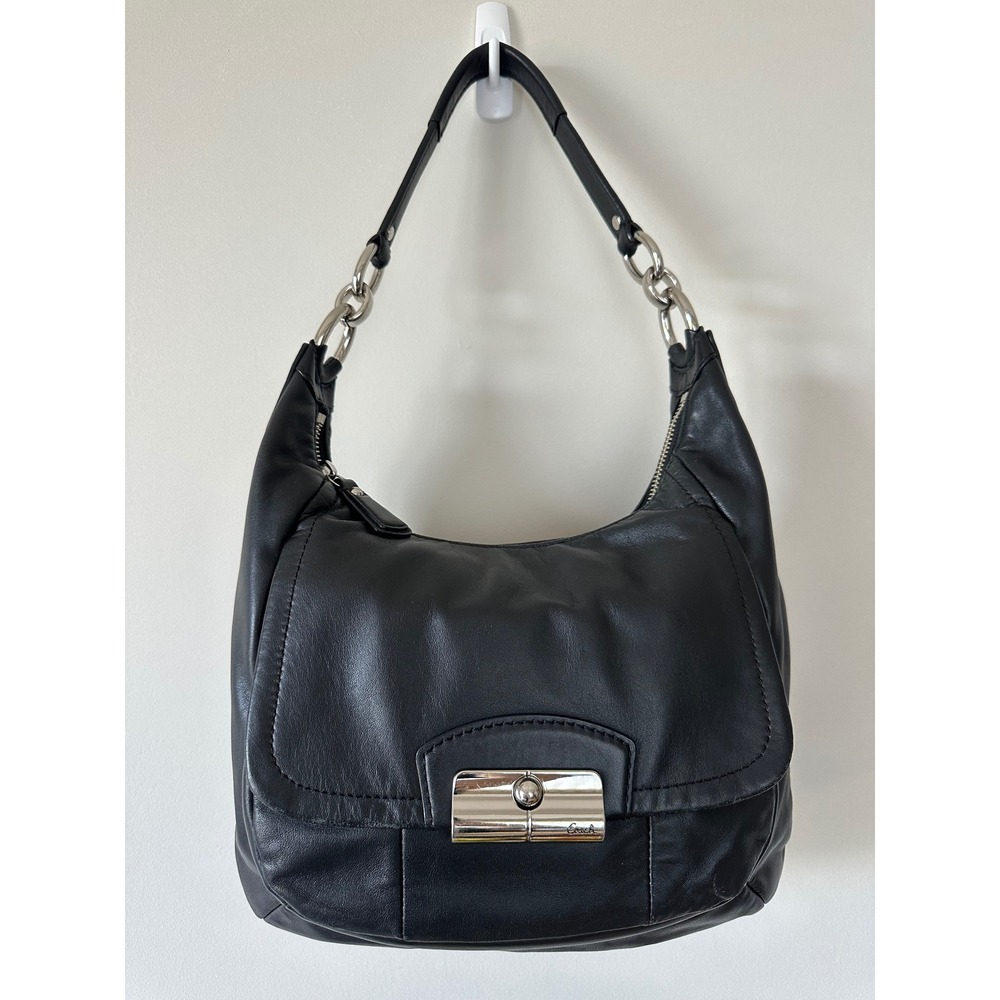 Coach Kristin Black Leather Hobo Shoulder Bag Silver Turnlock Flap Chain Strap